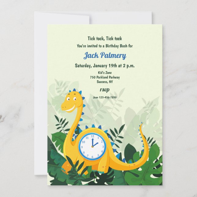 Dinosaur Clock Party Invitation (You move hands) (Front)