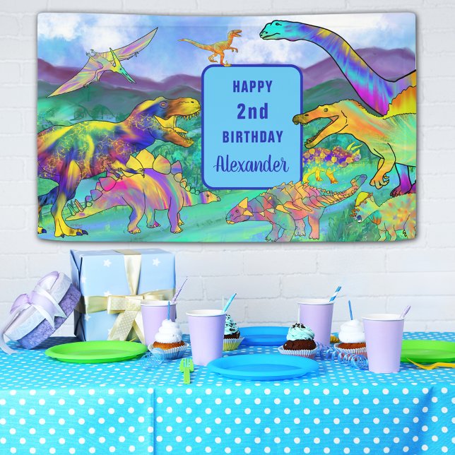 Dinosaur colorful 2nd birthday Personalized Banner (Colorful dinosaur 2nd birthday party banner T-Rex brontosaurus stegosaurus pterodactyl velociraptor )