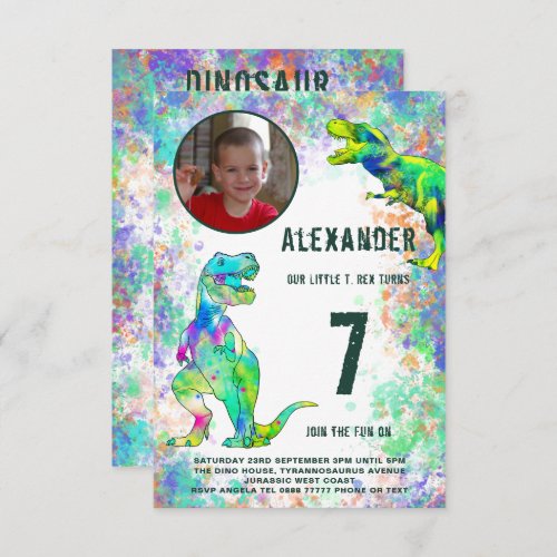 Dinosaur Colorful Boys Birthday Party Photo Invitation