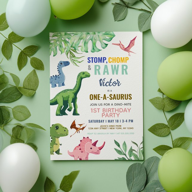 Dinosaur Colorful Cute 1st Birthday Invitation (Creator Uploaded)