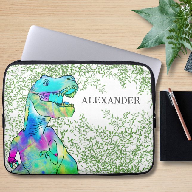 Dinosaur Colorful T-Rex add Name Laptop Sleeve (Colorful T-Rex Dinosaur with jungle foliage custom name laptop sleeve)