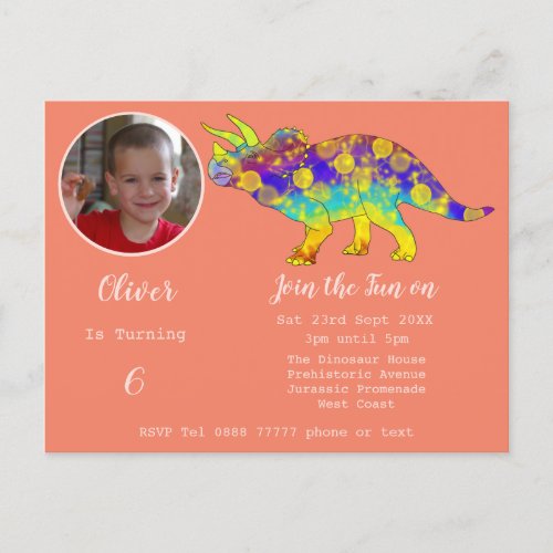 Dinosaur colorful Triceratops kids Birthday Photo Invitation Postcard