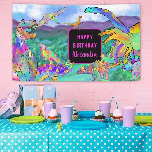 Dinosaur colorful watercolor Girls birthday Banner