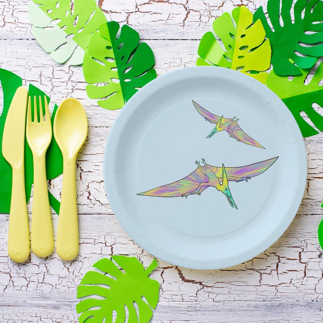 Dinosaur Colorful Watercolor Paper Plates (Dinosaurs flying colorful pterodactyl watercolor party paper plates)