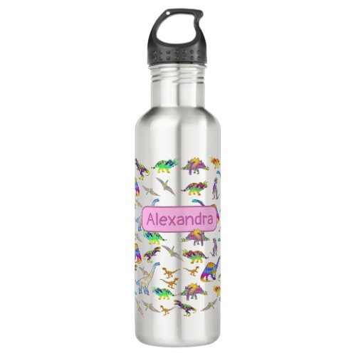 Dinosaur Colorful watercolor pattern Girls Name Stainless Steel Water Bottle