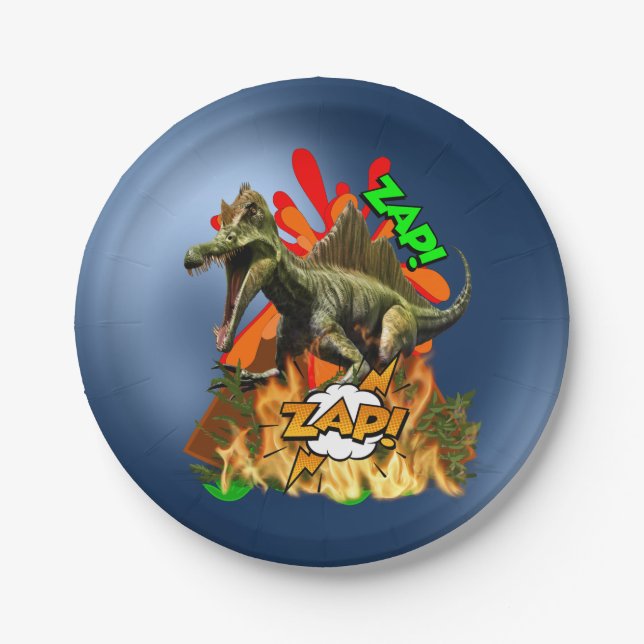 Dinosaur comic art volcano zap prehistoric animal  paper plates (Front)