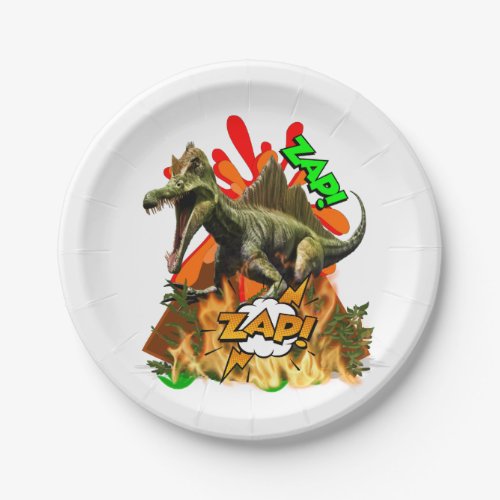 Dinosaur comic art volcano zap prehistoric white paper plates