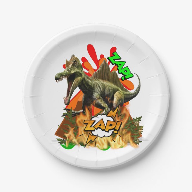 Dinosaur comic art volcano zap prehistoric white paper plates (Front)