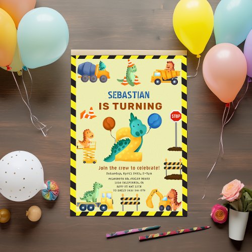 Dinosaur Construction 2nd Birthday Party  Invitation