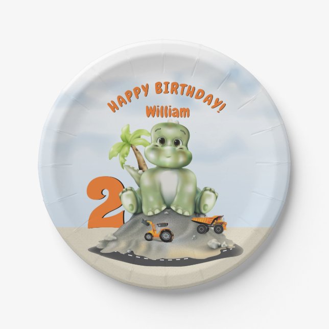 Dinosaur Construction Boy Birthday Paper Plates (Front)