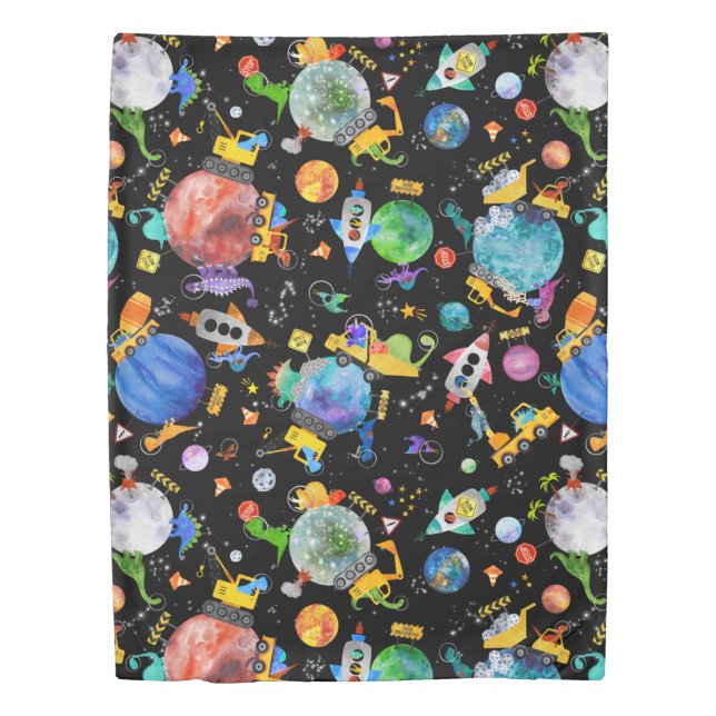 Dinosaur Construction Crew Outer Space Astronauts Duvet Cover (Front)