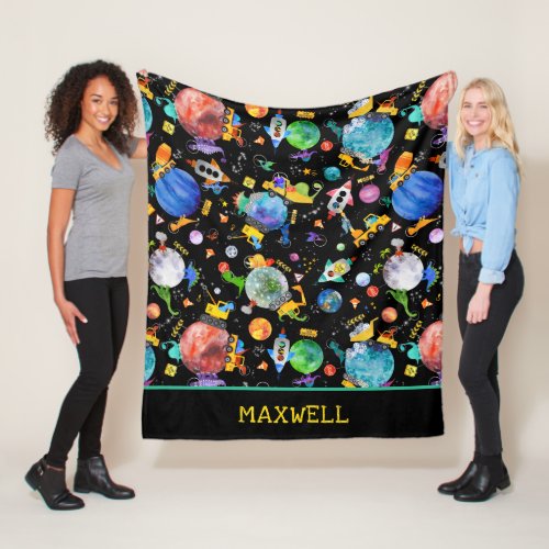 Dinosaur Construction Crew Space Kids Personalized Fleece Blanket