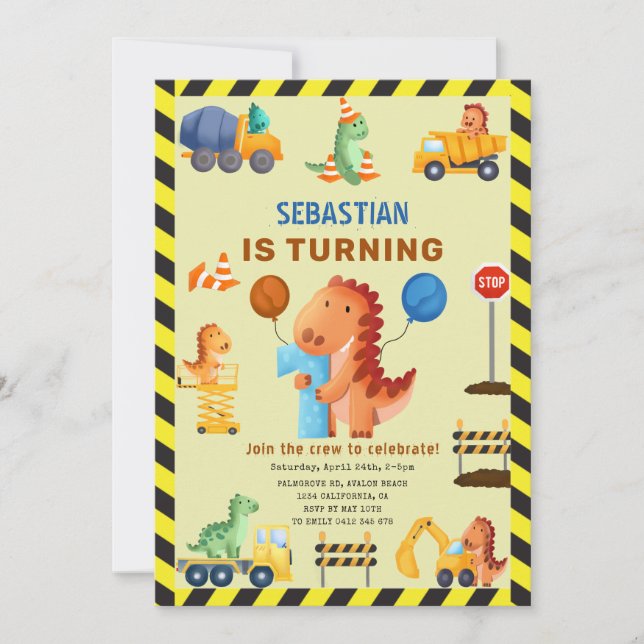 Dinosaur Construction, Dino Crew 1st Birthday  Invitation (Front)
