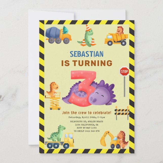 Dinosaur Construction Dino Crew 3rd Birthday Invitation (Front)