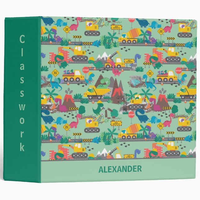 Dinosaur Construction Kids Personalized  3 Ring Binder (Front/Spine)