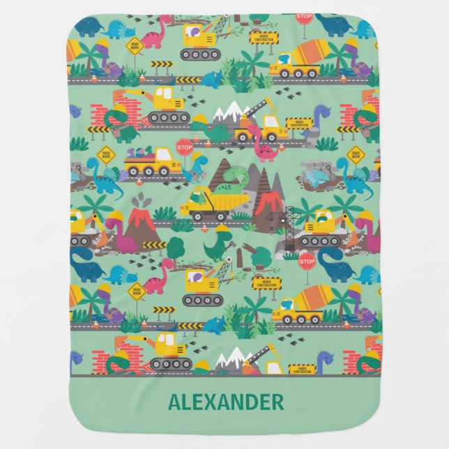 Dinosaur Construction Kids Personalized Baby Blanket (Front)