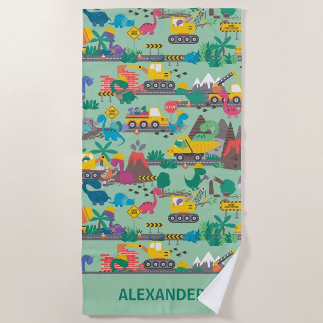 Dinosaur Construction Kids Personalized Beach Towel (Front)