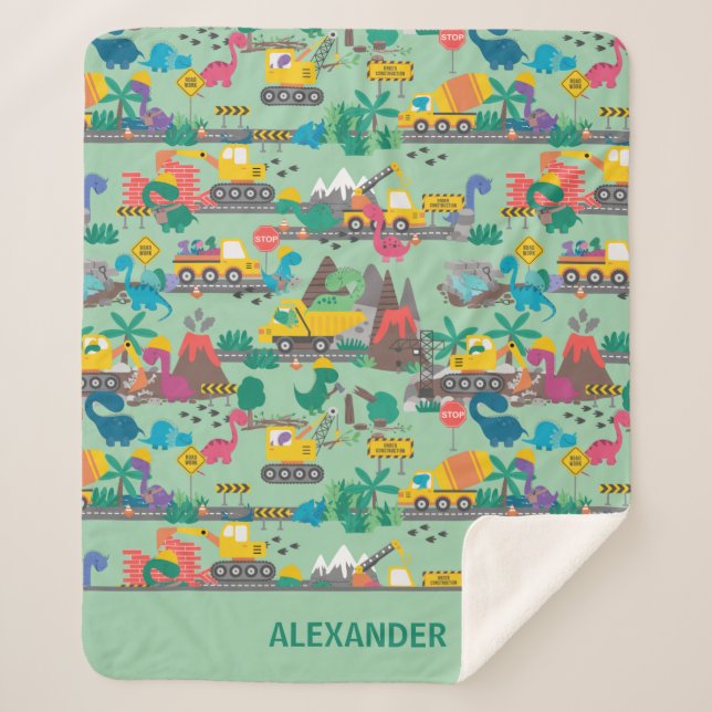 Dinosaur Construction Kids Personalized Sherpa Blanket (Front)