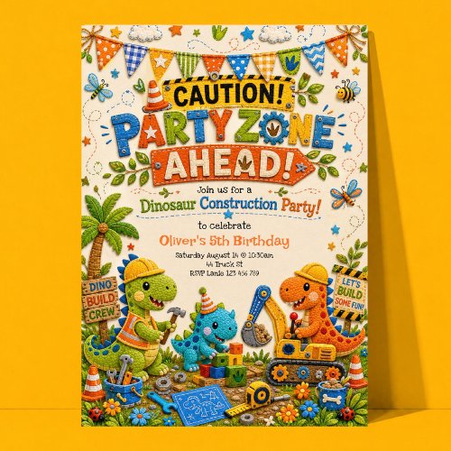 Dinosaur Construction Party Birthday Invitation