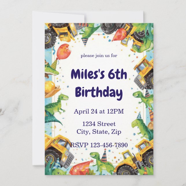 Dinosaur Construction Truck Birthday Invitatio Invitation (Front)