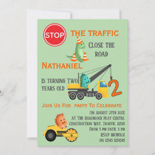 Dinosaur Construction Vehicle 2nd Birthday Party Invitation