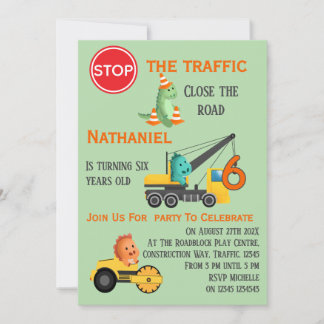 Dinosaur Construction Vehicle 6th Birthday Party Invitation