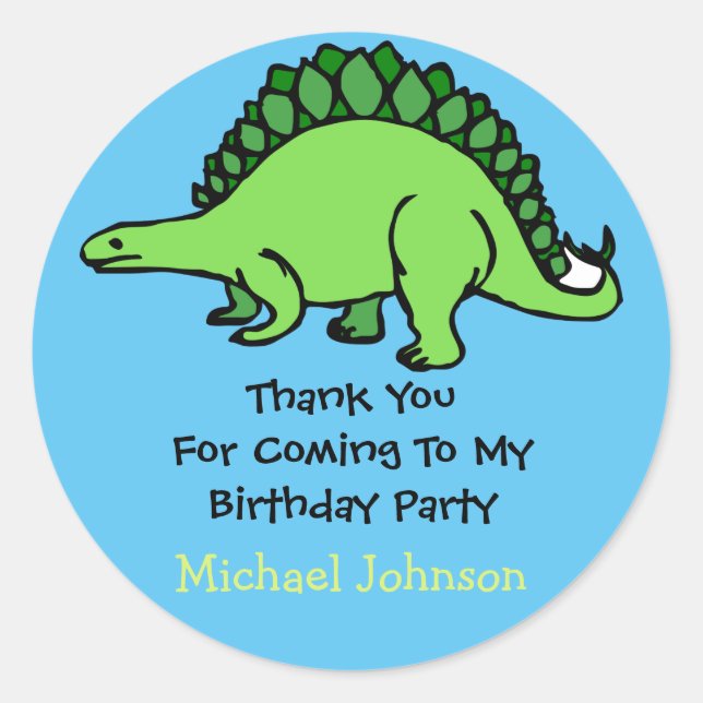 Dinosaur Custom Boy Name Birthday Thank You Favor Classic Round Sticker (Front)