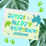 Dinosaur Custom Name and Text Kid's Flat Birthday  Card<br><div class="desc">This colorful flat birthday card features dinosaur silhouettes and whimsical dinosaur themed text that reads: "Rawr! Happy Birthday" and a personalized name. The back text reads: "Wishing you a wild and wonderful day." This fun card features complementary shades of blue and green on a light-yellow background. Click "Personalize this Template"...</div>
