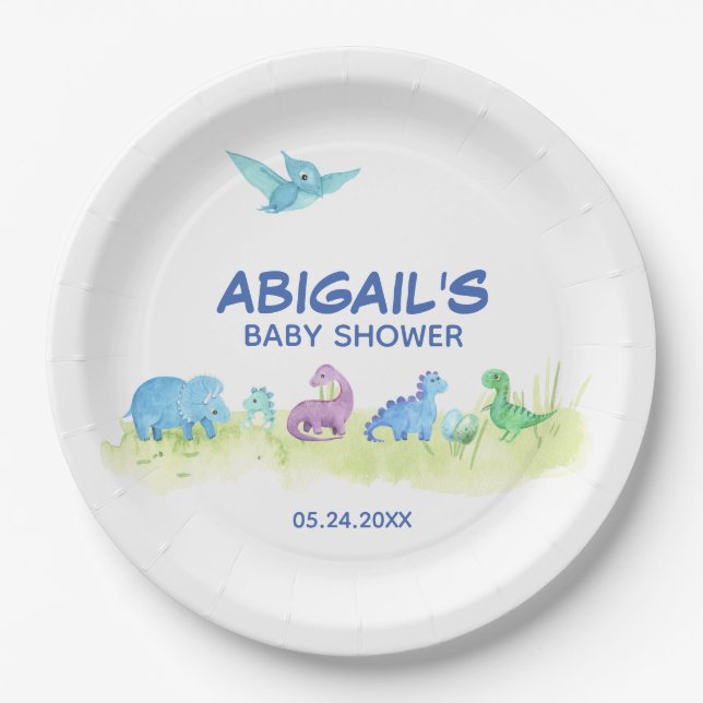 Dinosaur Cute Baby Shower Watercolor Party Paper Plates (Front)