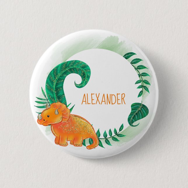 Dinosaur Cute Bright | Orange Triceratops Button (Front)