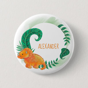 Dinosaur Cute Bright Orange Triceratops Button