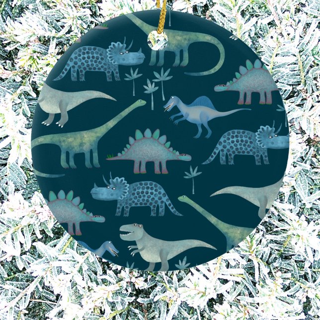 Dinosaur Cute Ceramic Ornament (Fun dinosaur pattern Christmas ornament)