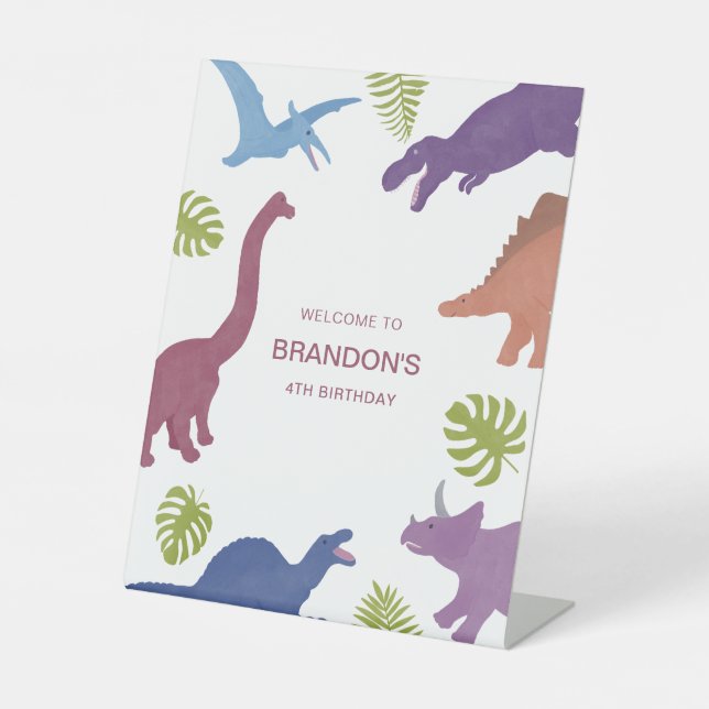 Dinosaur Cute Dino Kid Birthday Party Welcome Pedestal Sign (Front)