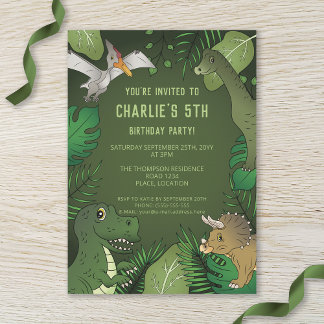 Dinosaur Cute Green Tropical Jungle Birthday Party Invitation