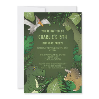 Dinosaur Cute Green Tropical Jungle Birthday Party Invitation
