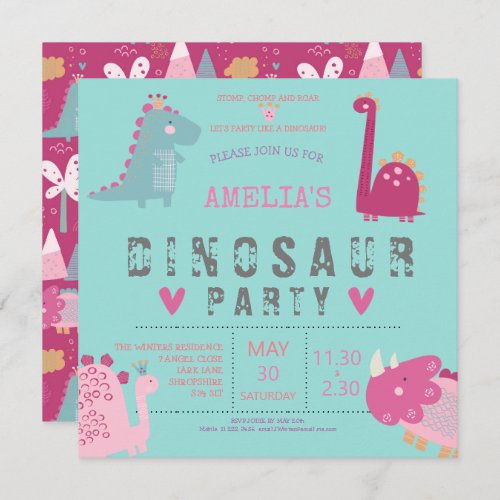 Dinosaur cute modern pink Birthday Party Invitatio Invitation