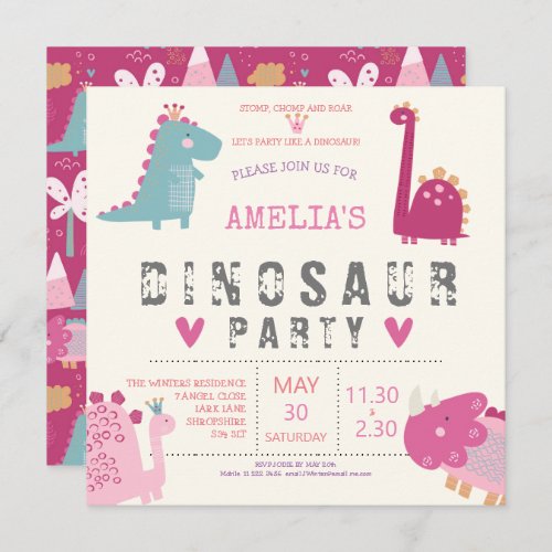 Dinosaur cute modern pink Birthday Party Invitation
