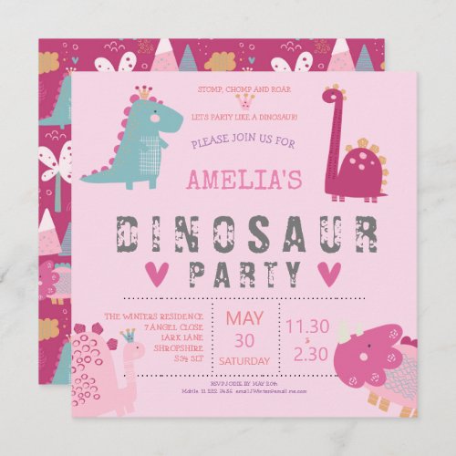 Dinosaur cute modern pink Birthday Party  Invitation