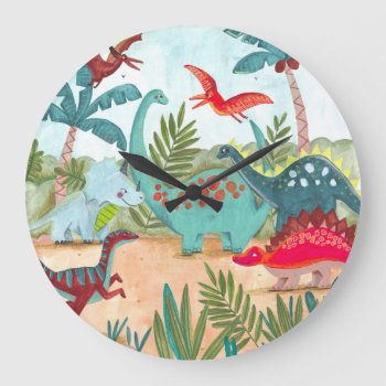 Dinosaur Cute Pre Historic Jungle Kids Canvas Prin Large Clock by CartitaDesign at Zazzle