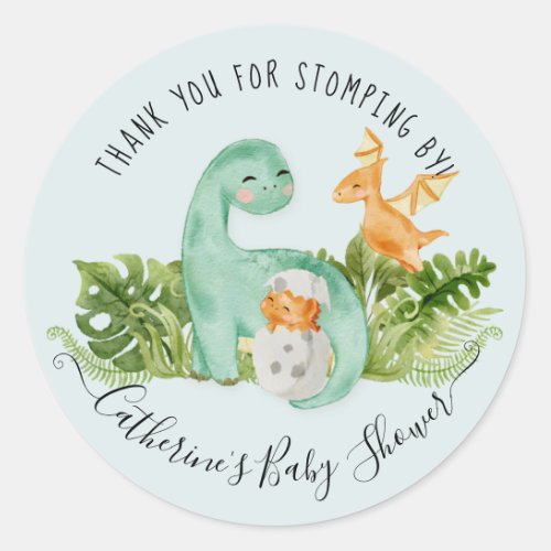 Dinosaur Cute Watercolor Foliage Boy Baby Shower Classic Round Sticker