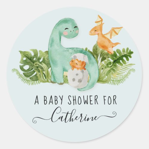 Dinosaur Cute Watercolor Greenery Boy Baby Shower Classic Round Sticker