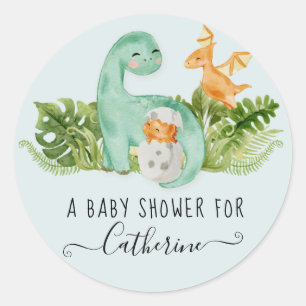 Dinosaur Cute Watercolor Greenery Boy Baby Shower Classic Round Sticker
