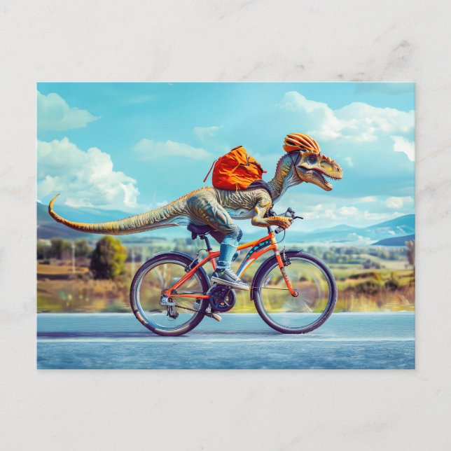 Dinosaur Cycling Through Countryside Holiday Postcard (Front)