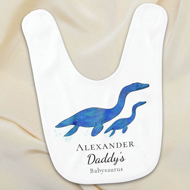 Dinosaur Dad and Baby Personalized  Bib (cute dinosaur dad and son personalized name baby bib coloful plesiosaurus dino watercolor )