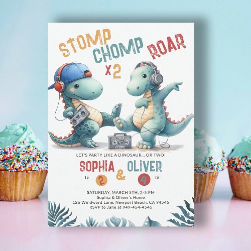 Dinosaur Dance Party Funny Joint Sibling Birthday Invitation