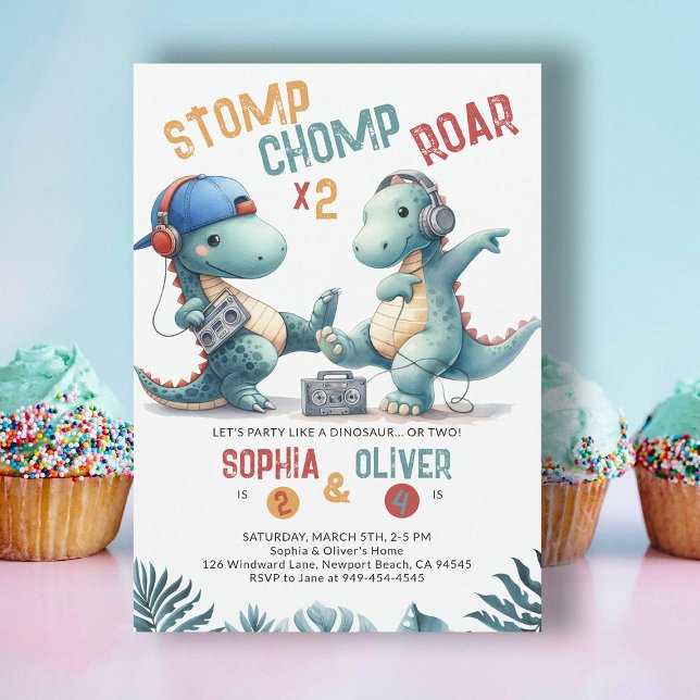 Dinosaur Dance Party Funny Joint Sibling Birthday Invitation (Dinosaur joint siblings invitation dino stomp chomp roar prehistoric jungle hip dance party dinomite)