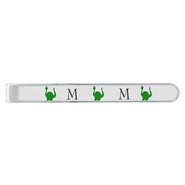 Dinosaur Design Monogrammed Silver Finish Tie Bar (Front)