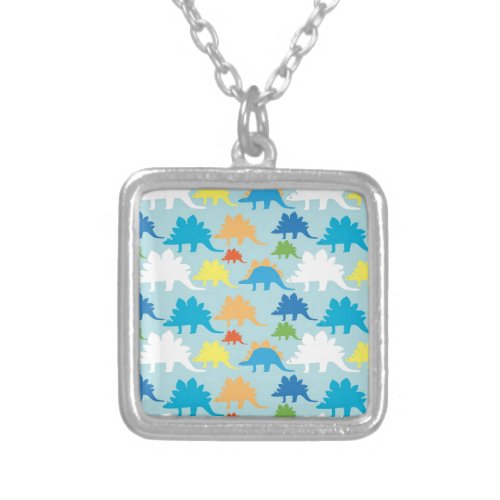 Dinosaur Designs Blue Orange Yellow Red Dinosaurs Silver Plated Necklace