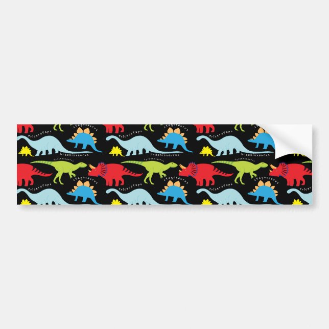 Dinosaur Designs Blue Red Green on Black Bumper Sticker (Front)
