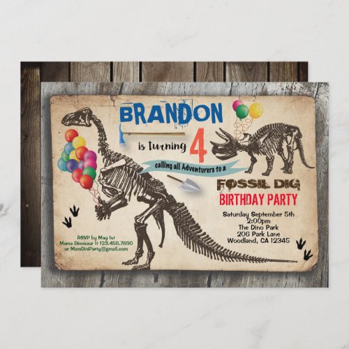 Dinosaur dig birthday invitation rustic fossil